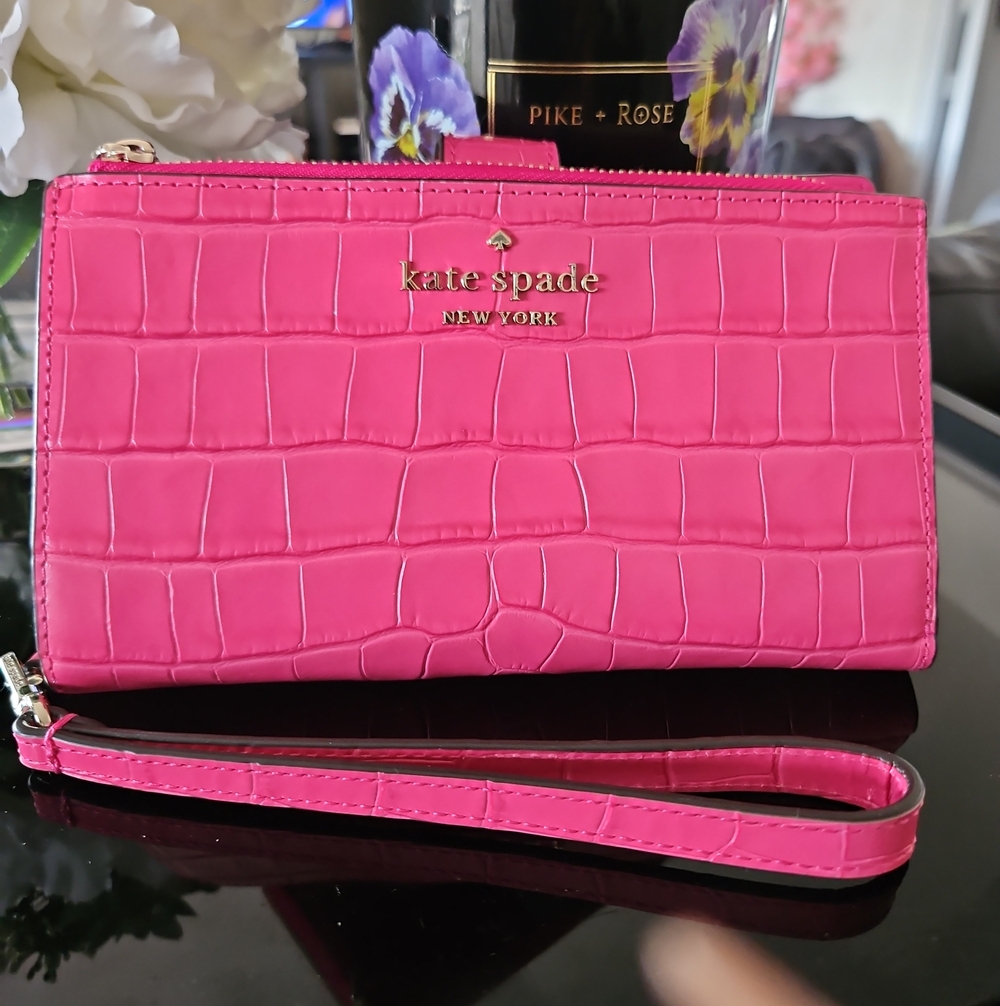 Kate Spade New York Pink Crocodile-Effect Wristlet Wallet